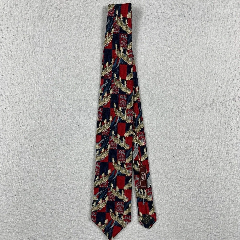 Ermenegildo Zegna Tie Mens OS Red Navy Gold Silk Geometric Crest Luxury Neckwear